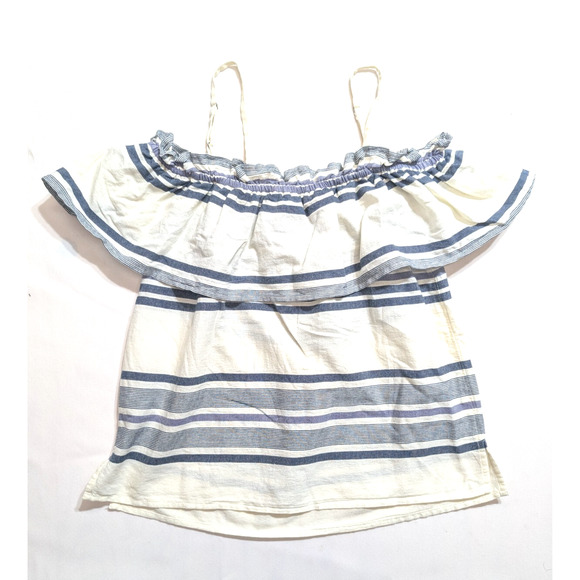 Splendid Womens Small Off-the-Shoulder Ruffle Overlay Blue/Off-White Striped Top - Picture 4 of 7